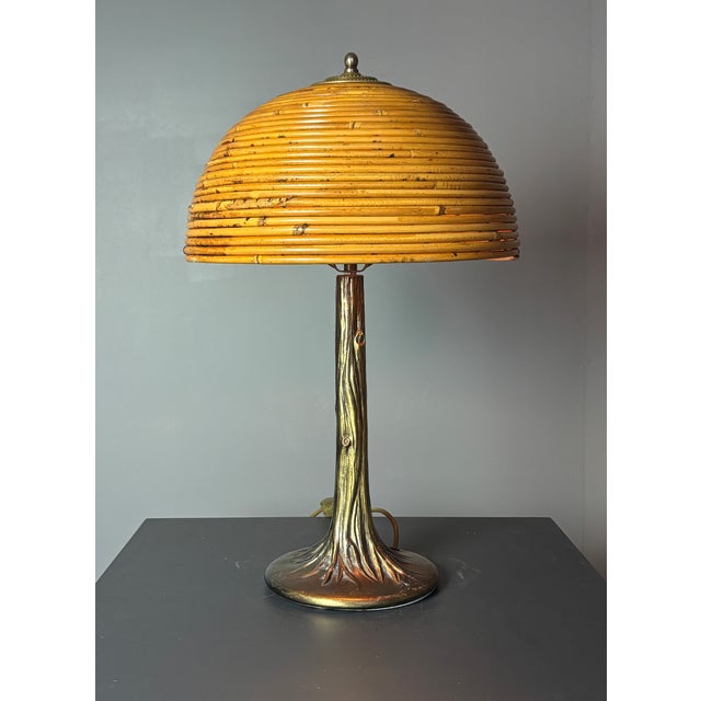 Mid-Century Pencil Reed Rattan Bamboo and Brass Table Lamp, 1970s For Sale - Image 11 of 17