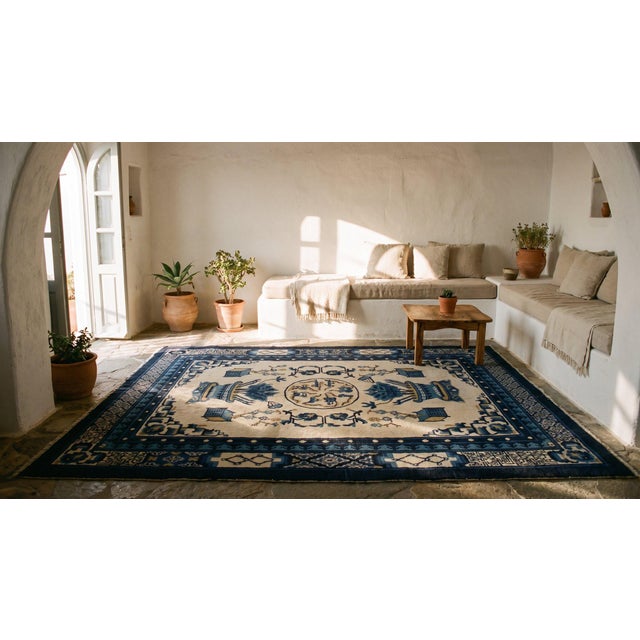 Textile 1890s White Blue Medallion Antique N. Chinese Mongolian Rug 4'3" X 5'10" Handknotted Wool Carpet For Sale - Image 7 of 9