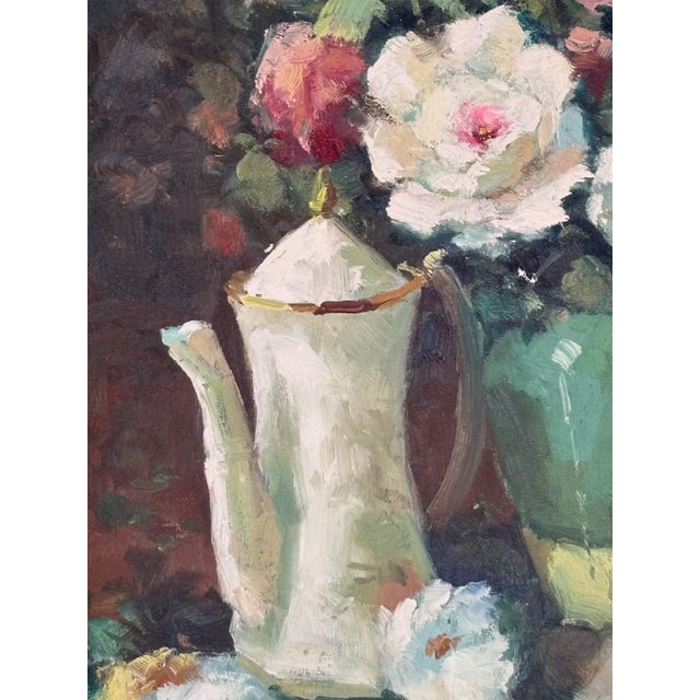 Nice vintage oil on canvas of roses and a chocolate pot. 1960s. Expressionistic, painterly feel to the execution with an...
