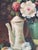 Nice vintage oil on canvas of roses and a chocolate pot. 1960s. Expressionistic, painterly feel to the execution with an...