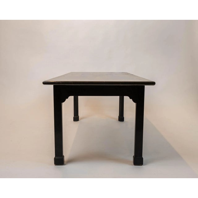 One of a kind eye catching neoclassical style coffee table having artist embellished painted slate top and simple black...