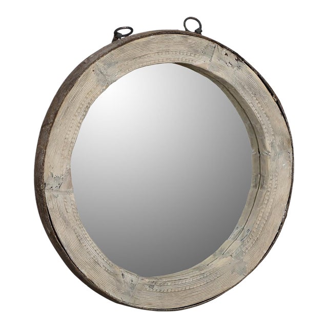 Antique Indian Bleached Teakwood “Wagon Wheel” Round Mirror For Sale