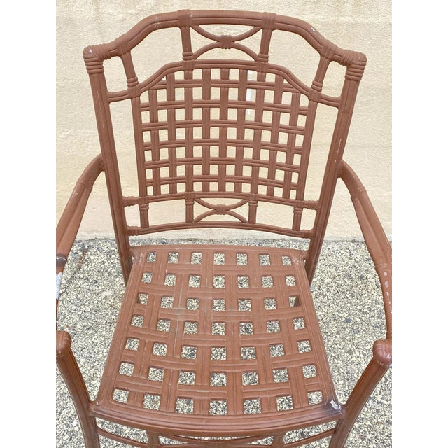 Late 20th Century Cast Aluminum Basket Weave Lattice Rattan Metal Patio Outdoor Arm Chair For Sale - Image 4 of 10