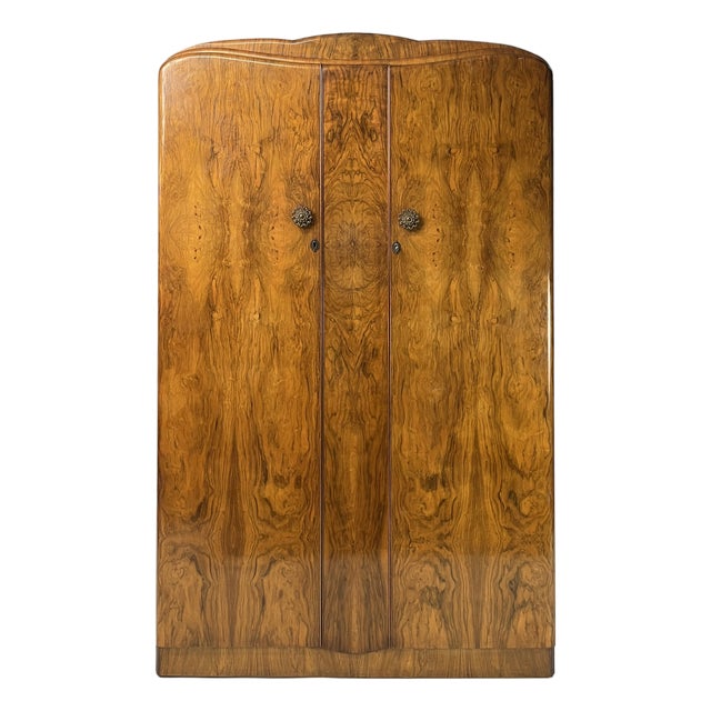 Vintage Art Deco English Burl Walnut Armoire / Wardrobe by Durable Suites LTD For Sale