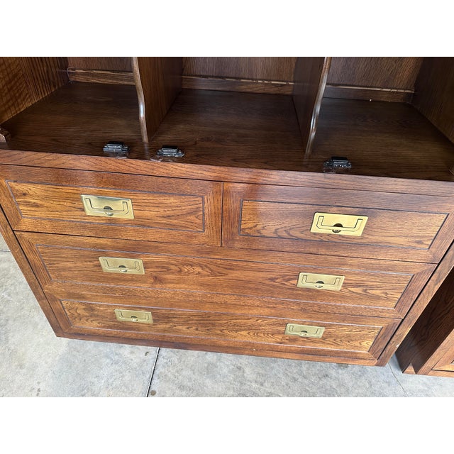 Brass 1970s Henredon “Scene One” Campaign Style Pair of Oak Armoires For Sale - Image 8 of 12