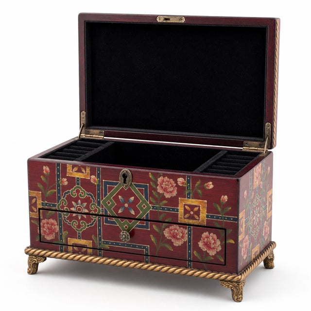 Traditional Hand-Painted Folk Art Tole-Style Jewelry Chest For Sale - Image 3 of 6