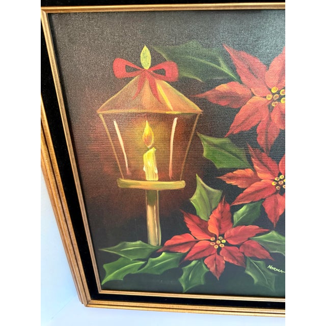 Mid 20th Century Vintage Original Poinsettia and Lantern Christmas Holiday Painting, Signed Norma For Sale - Image 5 of 8