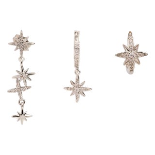 Celestial Trinity Silver & Diamond Earring Set For Sale