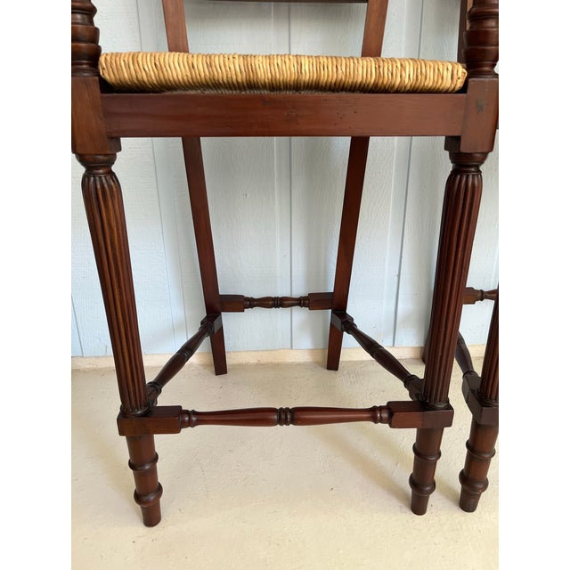 1990s Pair of Mahogany Counter Stools-Woven Rush Seat-Ornate Carving Back-High Quality Special Armchairs For Sale - Image 11 of 11