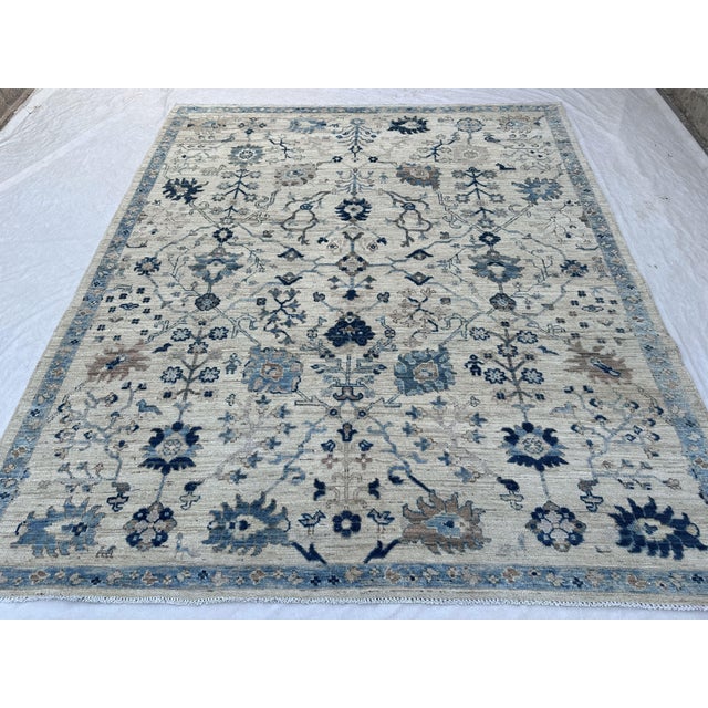 Oushak Handmade Wool Rug With Blue and Ivory Floral Design For Sale - Image 4 of 12