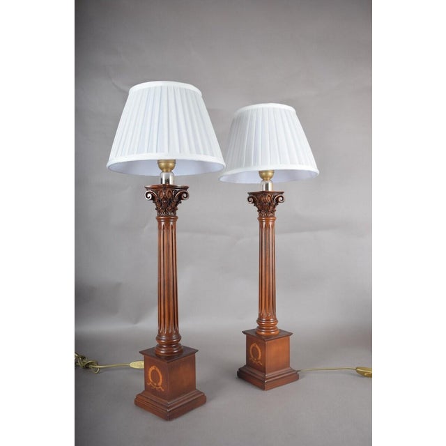 Brown Neoclassical Wooden Fluted Column Table Lamps, 1960s, Set of 2 For Sale - Image 8 of 15