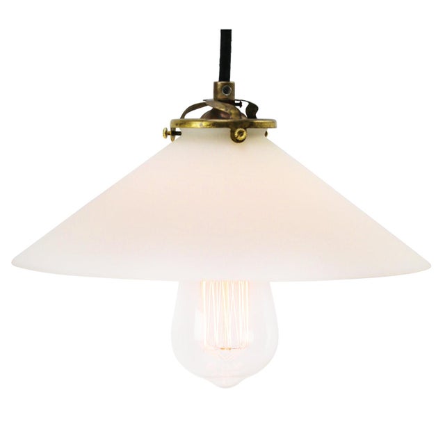 Mid-Century French White Mat Opaline Glass & Brass Pendant Light For Sale - Image 10 of 14