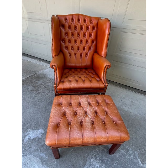 Traditional Vintage Chesterfield Georgian Leather Wing Back Button Tufted Chair Ottoman Brass Nailhead For Sale - Image 3 of 16