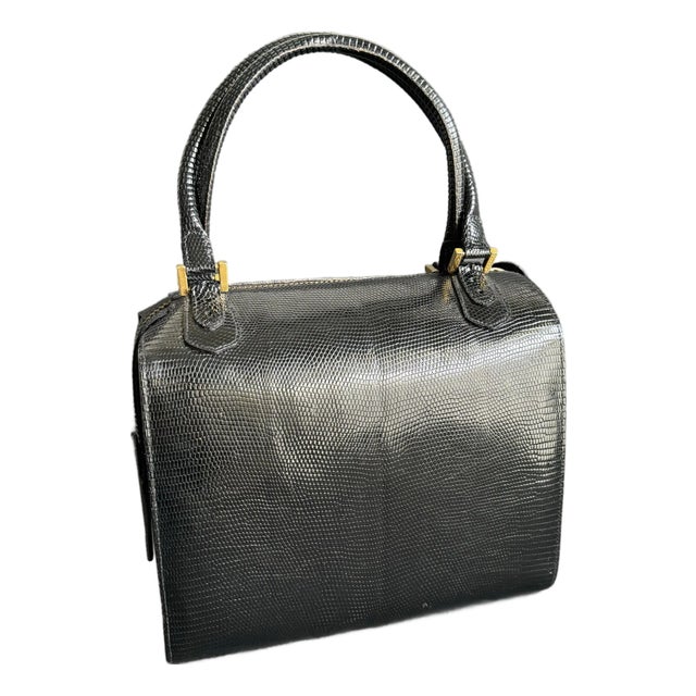 Vintage Finesse La Model Lizard Print Leather Box Bag Retro Top Handle Purse 50s 60s For Sale