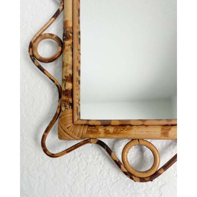 Mid-Century Modern 1960s Italian Riviera Style Burnt Bamboo Rattan Wall Mirror With Scalloped Frame For Sale - Image 3 of 10