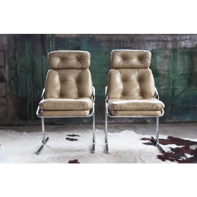Beige Pair 1970s Vintage Post Modern Jerry Johnson Style Bent Tubular Beige and Chrome Chairs - Pair of 2 For Sale - Image 8 of 11