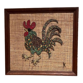 Mid Century Modern Brass Tiled Rooster Wall Art, Signed K, 1960s For Sale