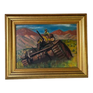1944 A. Polansky Landscape Painting With a Soldier in a Battle Tank