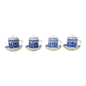 Vintage William Sonoma Blue and White Chinoiserie Lidded Mug With Bowl Saucer