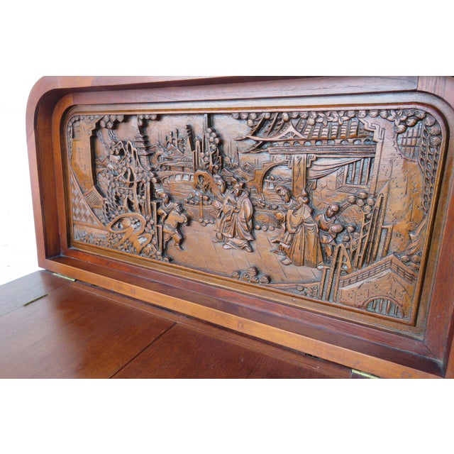 Heavy Hand Carved Solid Wood 1960s Oriental Dry Bar Cabinet For Sale - Image 17 of 18