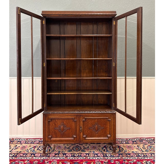 Antique English Jacobean Bookcase Bookshelf Cabinet Double Door Oak c.1930s For Sale - Image 15 of 17