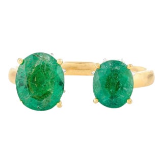 Genuine Emerald Toi Et Moi Open Ring in 14k Yellow Gold Size 7 For Sale