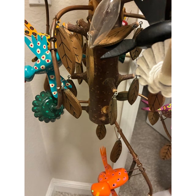 Brown Vintage Folk Art Hummingbird Chandelier Signed Carey Handmade Wood Hanging Light For Sale - Image 8 of 12
