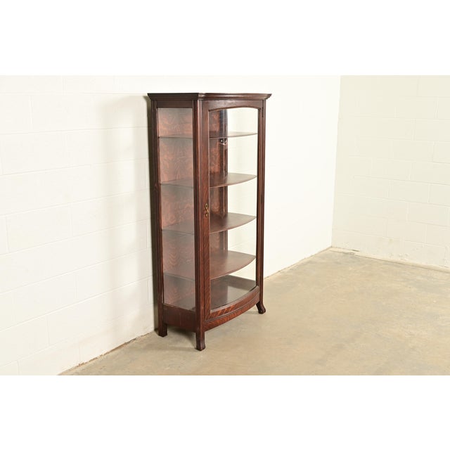 Berkey & Gay Berkey & Gay Antique Victorian Carved Oak Curved Glass Bookcase or Display Cabinet, Circa 1900 For Sale - Image 4 of 13