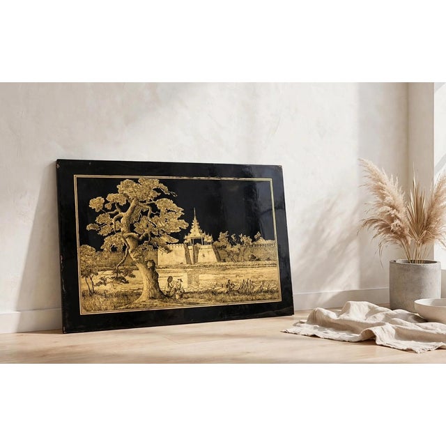 Asian-style decorative panel crafted using a traditional lacquer technique originating in Myanmar. This artwork combines...