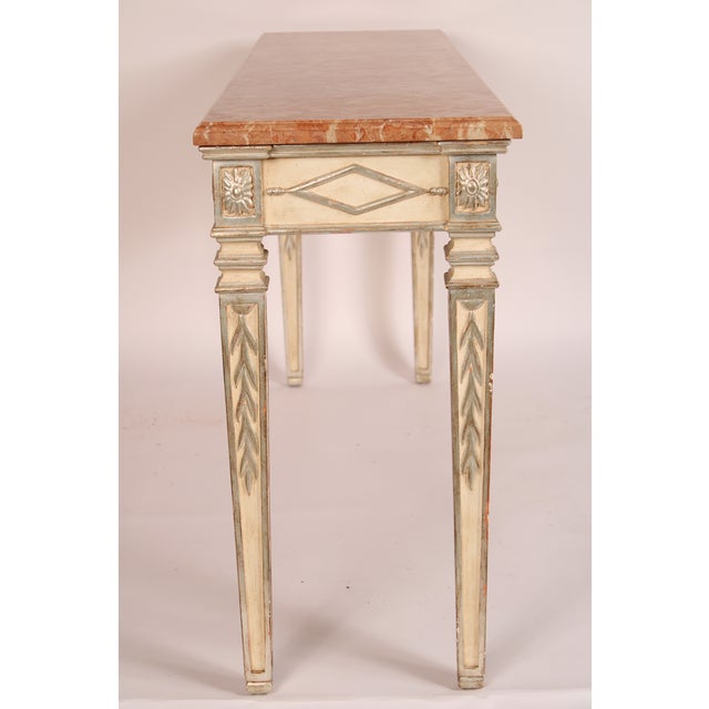 French Louis XVI Style Painted and Silvered Leaf Console Table With Marble Top For Sale - Image 3 of 13