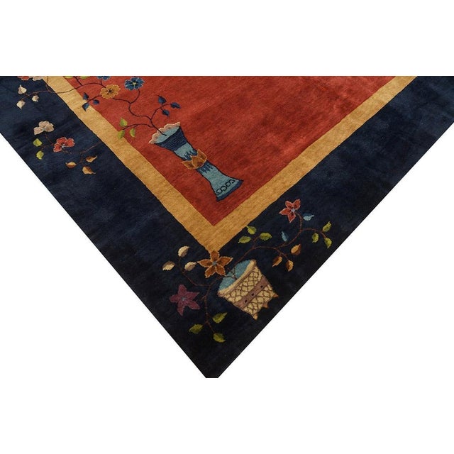 Textile Beautiful Red and Blue Color With Flower Vases Design Antique Chinese Art Deco Rug For Sale - Image 7 of 7
