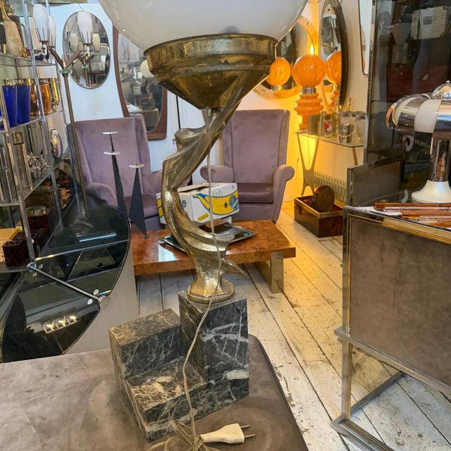 1930s Art Deco Black Marble, Gilded Metal and Milk Glass Italian Table Lamp For Sale - Image 10 of 18