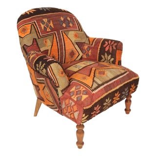 Handwoven Turkish Kilim Upholstered Armchair – Vintage Textile Accent Chair For Sale