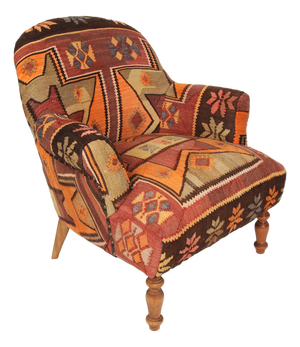 Handwoven Turkish Kilim Upholstered Armchair – Vintage Textile Accent Chair