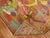 One of a kind mid-20th century decorative Pictorial Double Horse rug in florescent colors. 3 men riding on their horses...