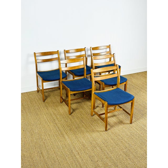 Vintage Dining Chairs in Oak and Blue Fabric, 1960s, Set of 6 For Sale - Image 16 of 16