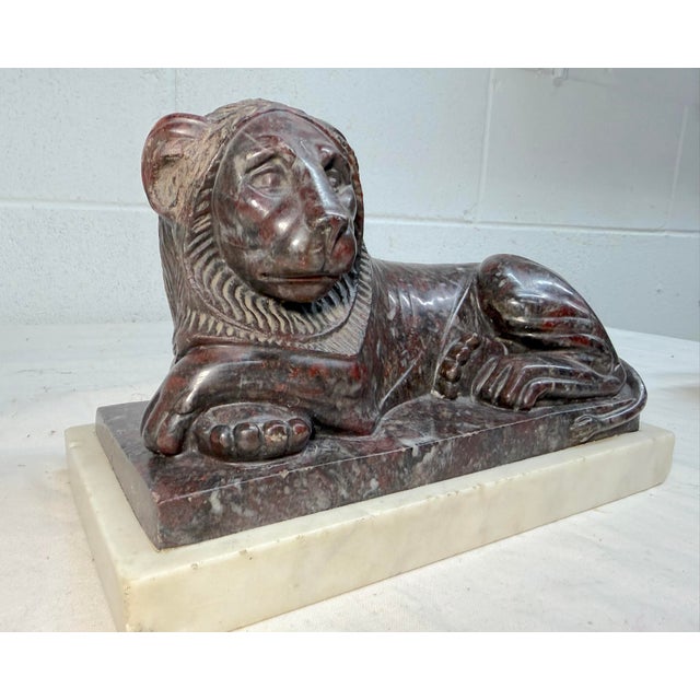 Stone Antique Hand Carved 19th Century Reclining Lion Solid Marble Sculpture Statue For Sale - Image 7 of 16
