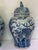 Late 20th Century Pair Monumental Blue & White Chinese Porcelain Covered Dragon Temple Jars With Foo Dog Finials, 23” H For Sale - Image 5 of 12