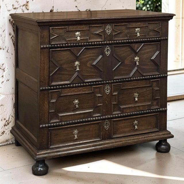 Handsome early 19th century English oak chest of drawers, beautifully handmade in the Jacobean tradition with richly...