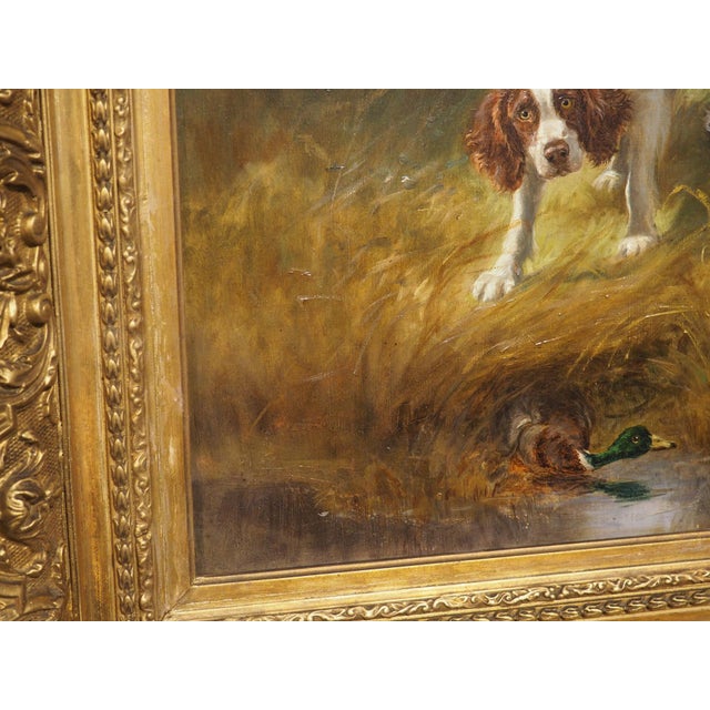 Antique French Hunt Painting of Setters and a Mallard, Oil on Canvas, 1904 For Sale - Image 13 of 18