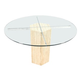 Hexagon Italian Travertine Base Glass Rond Top Mid-Century Modern Dining Table For Sale