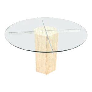 Hexagon Italian Travertine Base Glass Rond Top Mid-Century Modern Dining Table