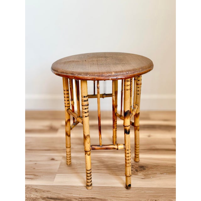 Wood Antique English Tortoiseshell Bamboo Side Table, Woven Rush Top For Sale - Image 7 of 12