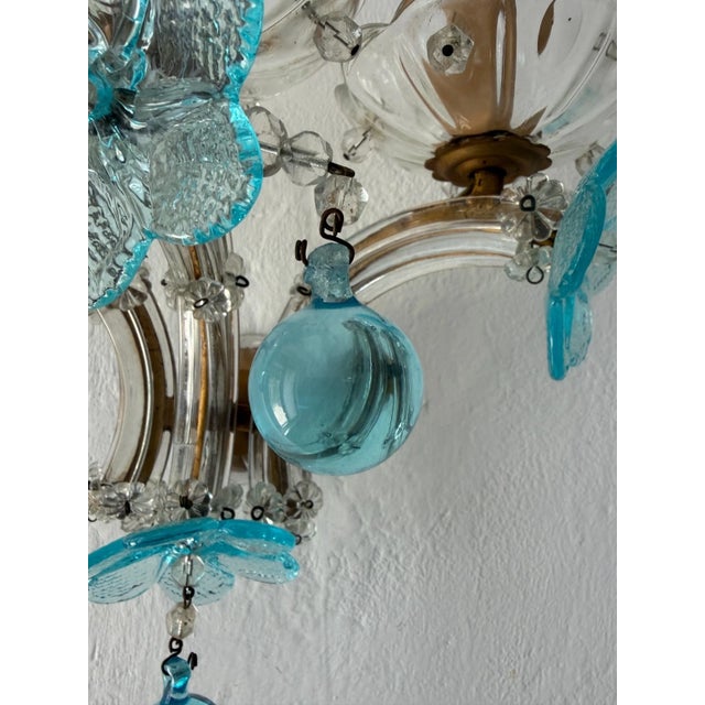 C 1930 Rare Pair Aqua Blue 3 Lights Murano Flowers Crystal Sconces One of Kind For Sale - Image 12 of 12