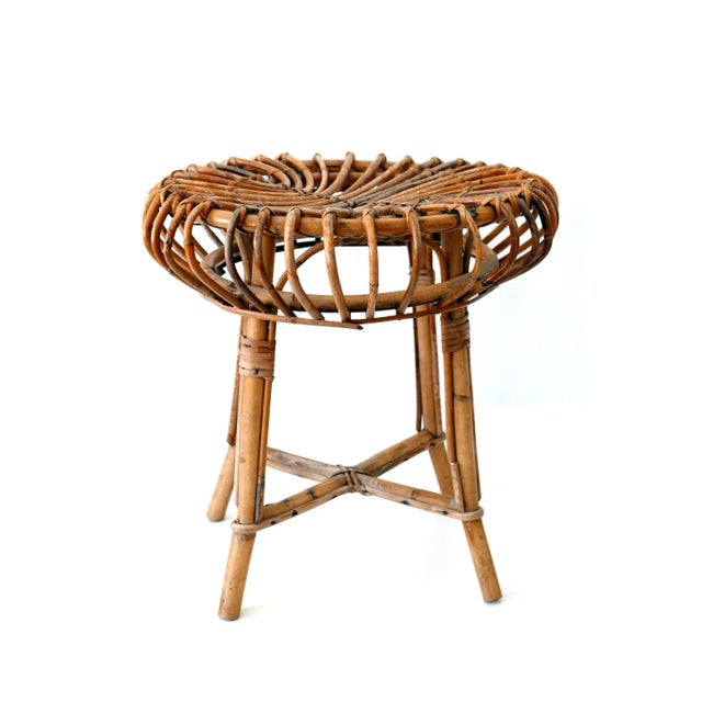 Lovely Mid-Century Modern wicker stool. Manufactured in 1950s, Italy. Executed in wicker and bamboo. Good condition. Wear...