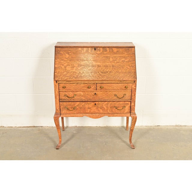 Victorian Berkey & Gay Style Antique Victorian Tiger Oak Slant Front Secretary Desk, Circa 1900 For Sale - Image 3 of 14