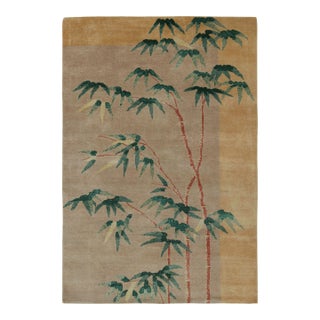 Rug & Kilim’s Chinese Art Deco Style Fragment Rug in Beige With Floral Patterns For Sale