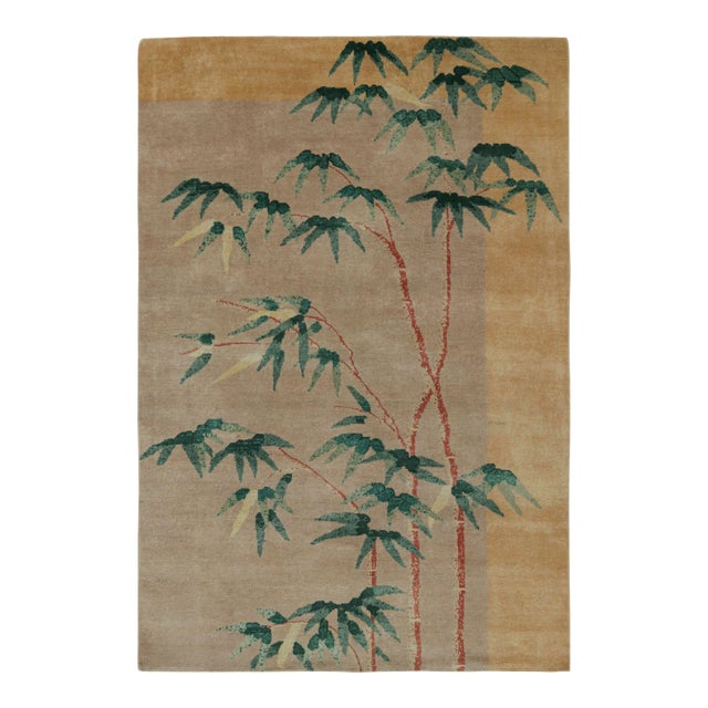 Rug & Kilim’s Chinese Art Deco Style Fragment Rug in Beige With Floral Patterns For Sale