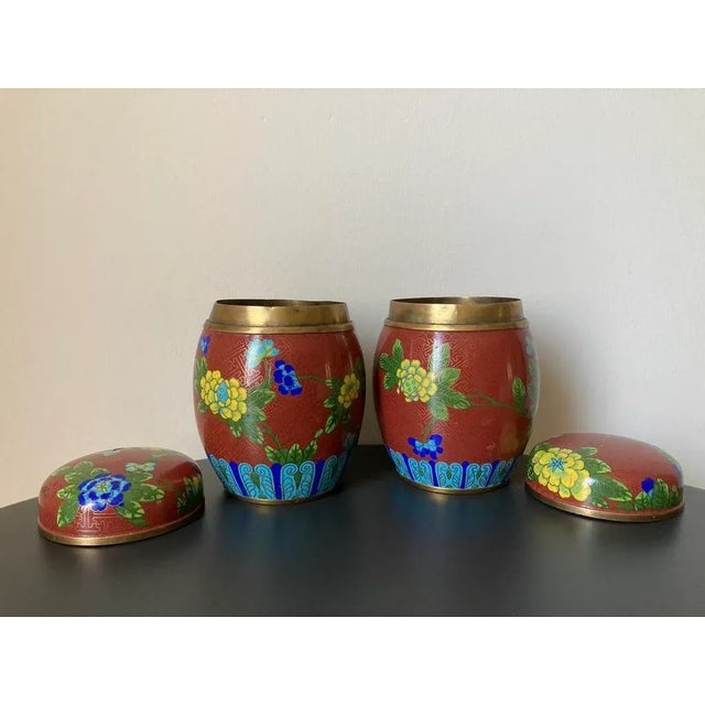Mid 20th Century Cloisonne Burgundy Floral Enamel and Brass Ginger Jars, a Pair, Medium For Sale - Image 5 of 18