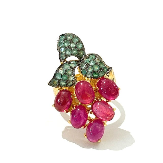 Bochic "Orient" Vintage Ruby & Emerald Bubble Wine Ring Set 18K & Silver For Sale - Image 17 of 18